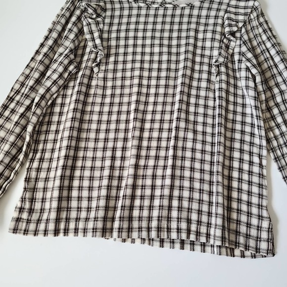 LOFT Plaid Ruffle Long Sleeve Crew Neck Blouse Medium Petite - Picture 3 of 9